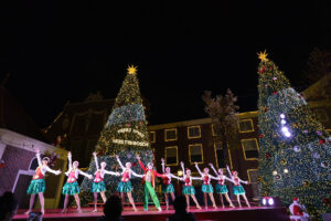 10本のクリスマスツリーに囲まれてショーを楽しむ ハウステンボスのクリスマスタウン