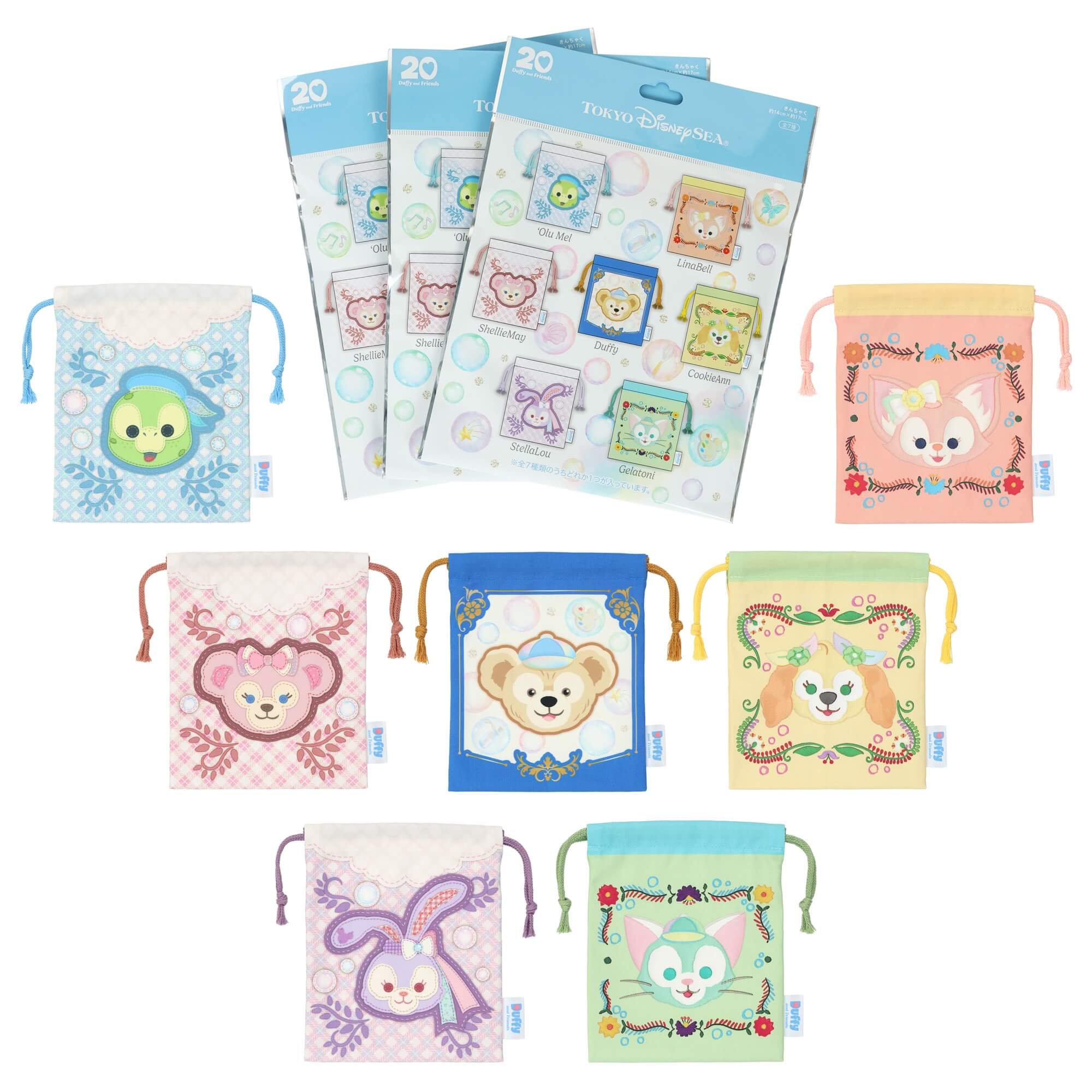 パークのデコレーションを巾着にデザイン ダッフィー＆フレンズ7種を